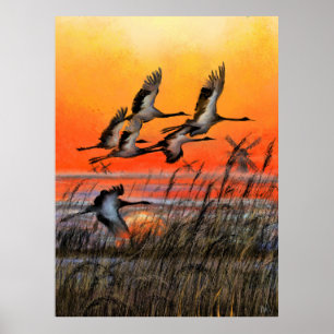 Birds Flying Sunset Poster Print - Malerei Art