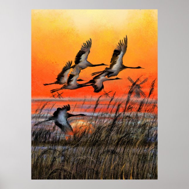 Birds Flying Sunset Poster Print - Malerei Art (Vorne)