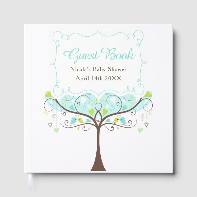 Birds Hearts Tree Blue and Green Baby Shower Gästebuch (Vorderseite)