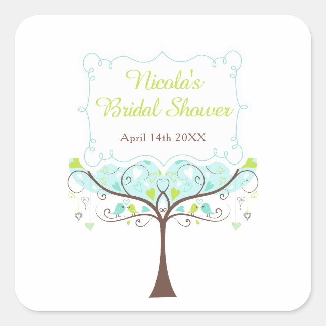 Birds Hearts Tree Blue and Green Bridal Shower Quadratischer Aufkleber (Vorderseite)