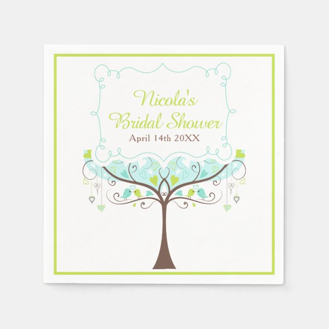 Birds Hearts Tree Blue and Green Bridal Shower Serviette (Vorderseite)