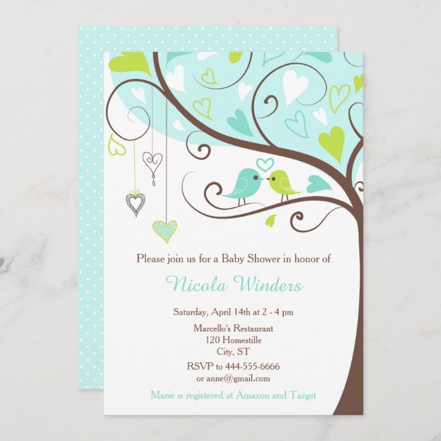 Birds Hearts Tree Blue und Green Baby Shower Einladung (Vorne/Hinten)
