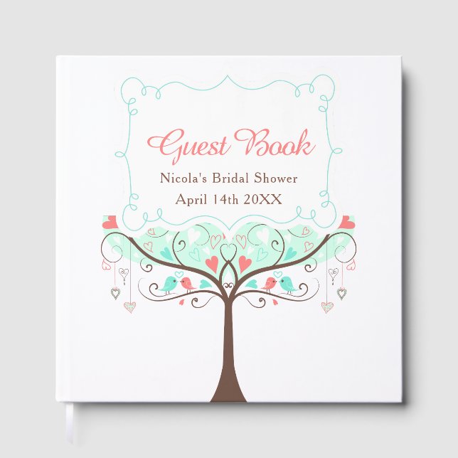 Birds Hearts Tree Mint and Coral Bridal Shower Gästebuch (Vorderseite)