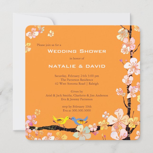Birds Mandarine Hochzeitsdusche küssen Einladung (Vorderseite)