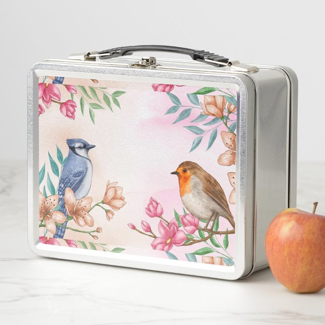 Birds Metal Lunch Box (A beautifully designed lunchbox with floral and bird illustrations, the birds sit on tree branches.)