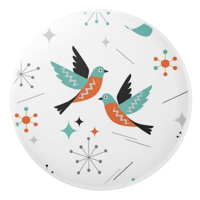 Birds Modern Mid Century Retro Atomic Keramikknauf (Vorderseite)