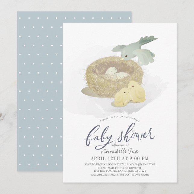 Bird's Nest Blue Boy Virtual Baby Shower Einladung (Vorne/Hinten)