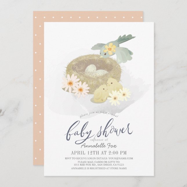 Bird's Nest Floral Girl Virtual Baby Shower Einladung (Vorne/Hinten)