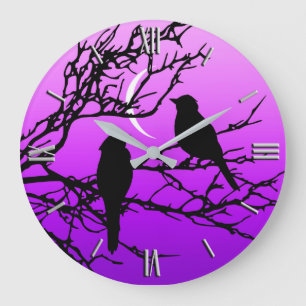 Birds on a Branch, Black Against Twilight Purple Große Wanduhr