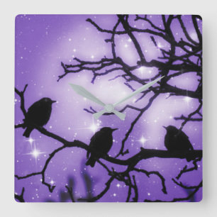 Birds on a Branch - Purple Starlight Wall Clock Quadratische Wanduhr