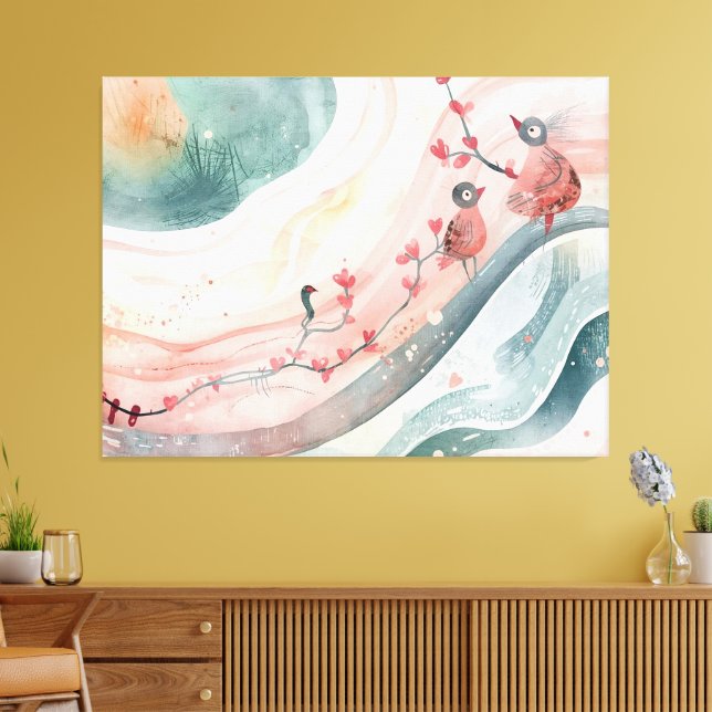 Birds on a Heart Branch  Leinwanddruck (Insitu (Wohnzimmer))