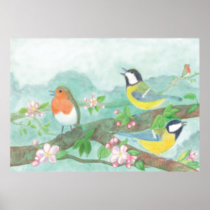 Birds singing on a blossoming tree branch poster
