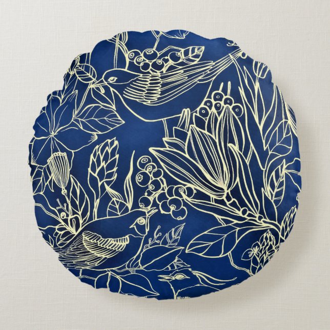 Birds Spring Floral Blossom Blauer Glitzer Rundes Kissen (Vorderseite)