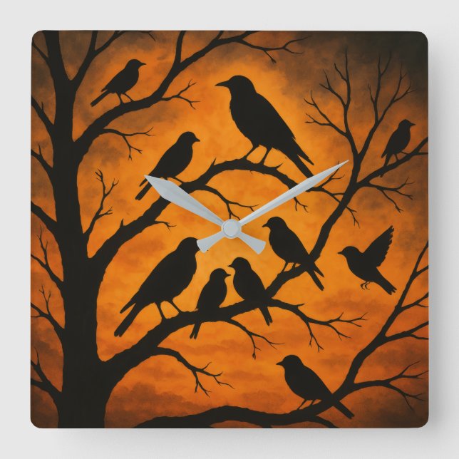 Birds Tree Silhouette Quadratische Wanduhr (Vorderseite)