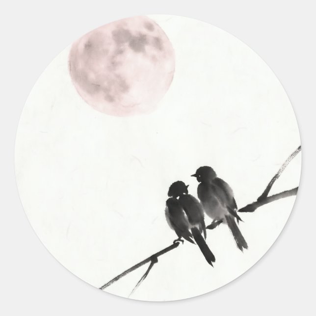 Birds Under Blush Moon Runder Aufkleber (Vorderseite)