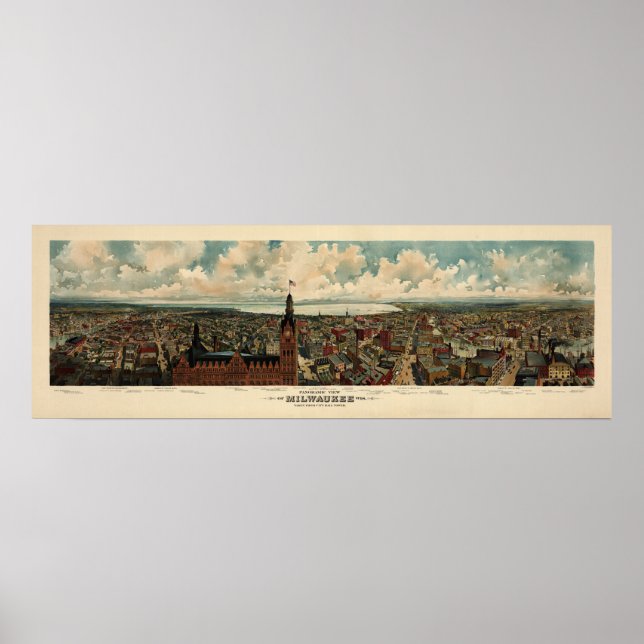 Birdseye Panorama of Milwaukee (1898) Reprint Poster (Vorne)