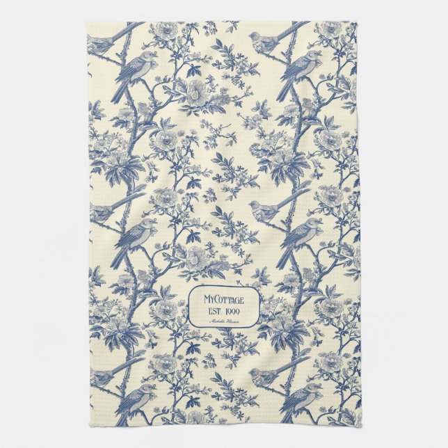 Birdsong Cobalt und Cream Toile de Jouy Geschirrtuch (Vertikal)