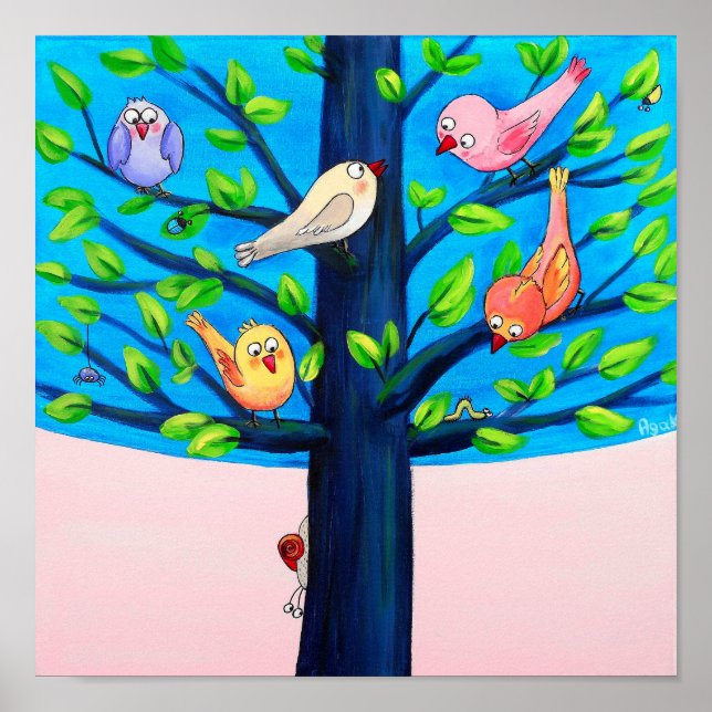 Birdy Tree | Freuen Vögel auf einem Kinderzimmer Poster (Vorne)