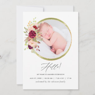 Birgundy-Marsala und Blush Birth Announcement Card Ankündigung