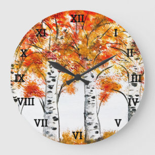 Birken Bäume Herbst Blätter Orange Wald  Große Wanduhr