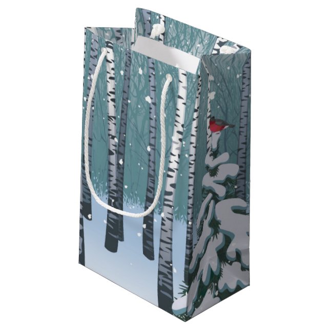 Birken im Winter-Wald Kleine Geschenktüte (Rückseite Schrägansicht)