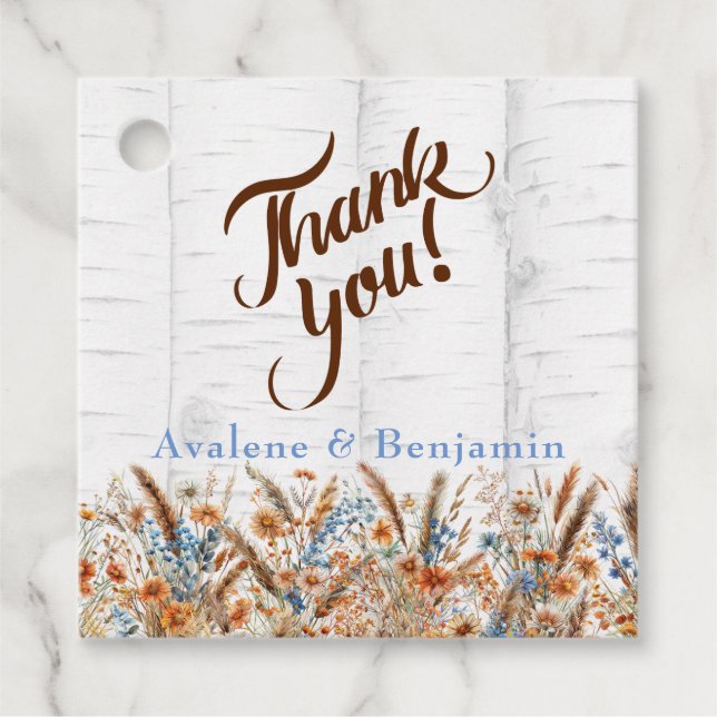 Birkenbaum im Herbst und Wildblumen Hochzeit Danke Geschenkanhänger (Vorderseite)