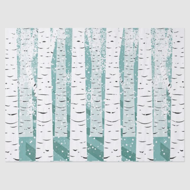 Birkenbaum Schneeflocken Winterwald gestreift aqua Seidenpapier (Vorderseite)