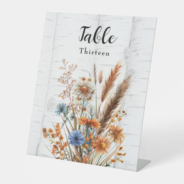 Birkenbaum und Wildblumen Tischnummer Sockelschild (Vorderseite)