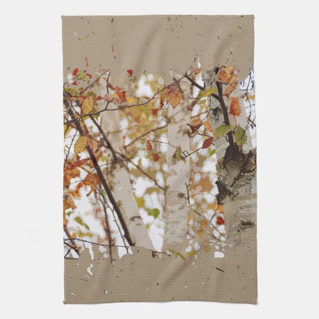 Birkenbäume Herbstlaub Rough Edge Spatter Rustikal Geschirrtuch (Vertikal)