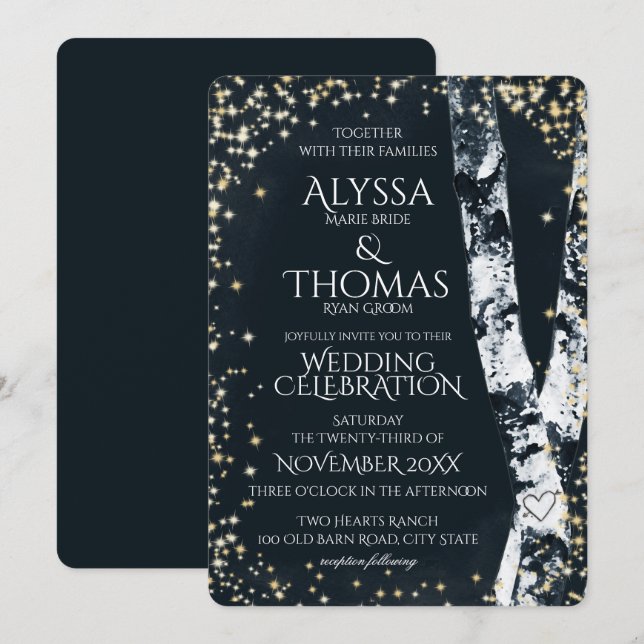 Birkenbäume und Sparkle-Hochzeit Einladung (Vorne/Hinten)