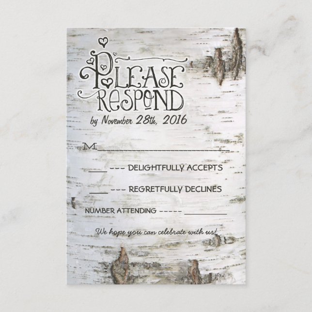 Birkenrinde-Hochzeit RSVP Karte (Vorderseite)