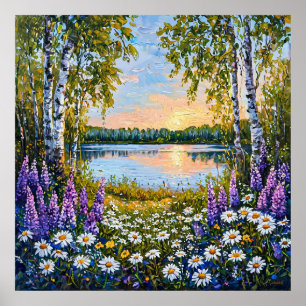 🌿 Birkenwald See Wildblume Ruhige Natur Serenität Poster
