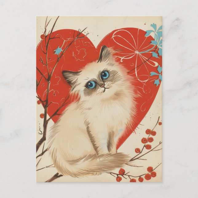 Birman Cat Vintag Valentinstag Postkarte (Vorderseite)