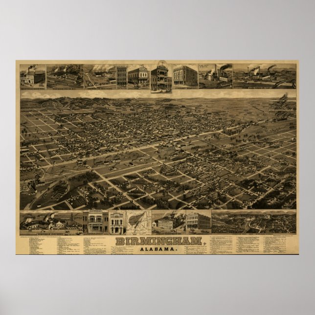 Birmingham, AL Panoramic Map Birds Eye View Poster (Vorne)