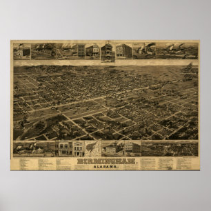 Birmingham Alabama 1885 Antique Panoramabalkarte Poster