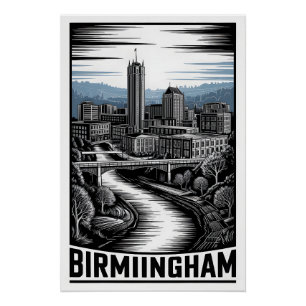 Birmingham Alabama Skyline Schwarz Weiß Holzschnit Poster