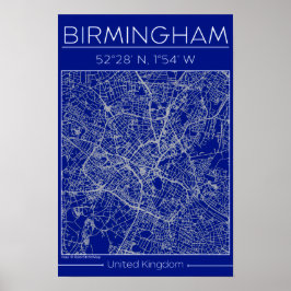Birmingham Blueprint City Map Poste Minimal Wall Poster