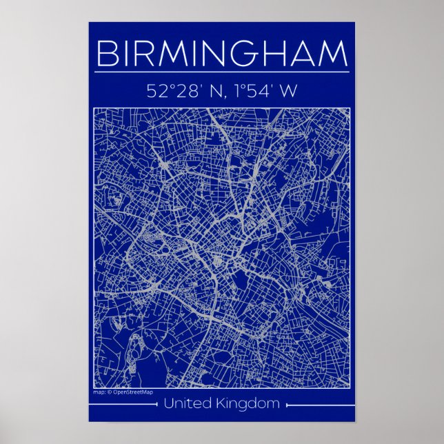 Birmingham Blueprint City Map Poste Minimal Wall Poster (Vorne)