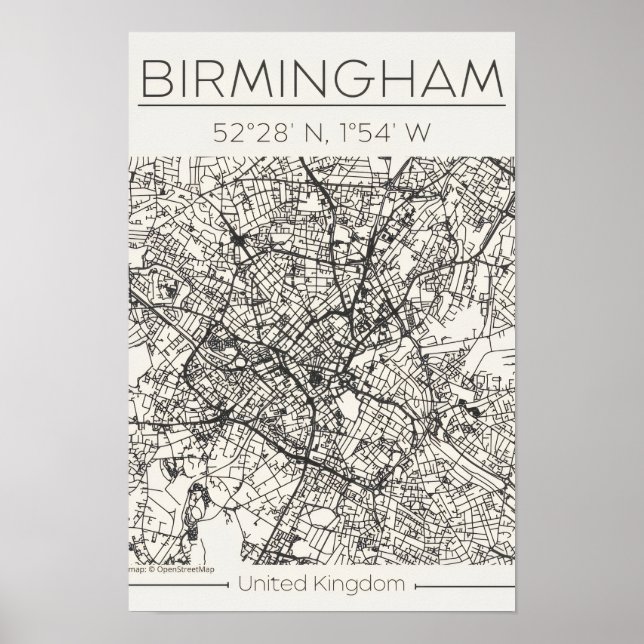 Birmingham Stadtplanposter – Modernes Minimal Urba Poster (Vorne)