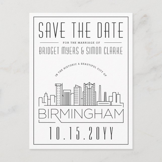 Birmingham Wedding Stylized Skyline Save the Date Postkarte (Vorderseite)