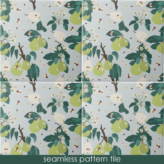 Birnen & Bienen in einem botanischen Blumengarten  Fliese (Pears & Bees in a Botanical Floral Garden Kitchen Ceramic Tile)