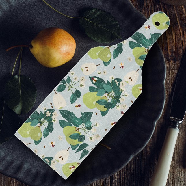 Birnen & Bienen in einem botanischen Blumengarten  Schneidebrett (Pears & Bees in a Botanical Floral Garden Kitchen Cutting Board)