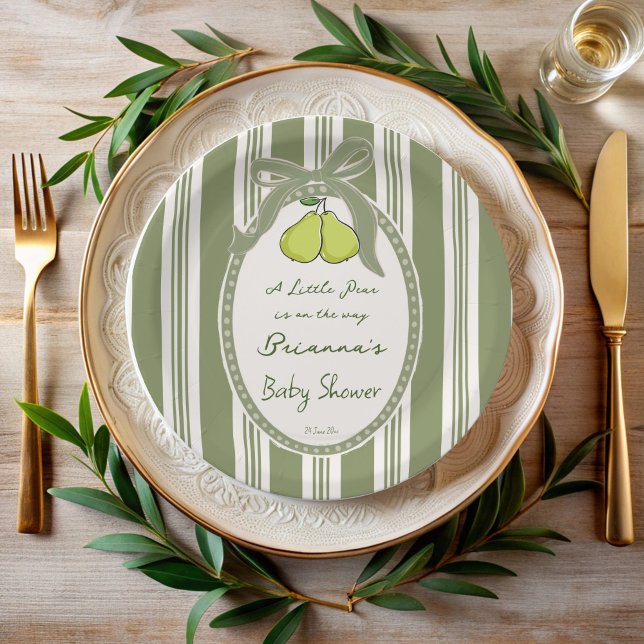 Birnen-Salbei-grüne Retro-Streifen-Baby-Shower-Zub Pappteller (Pear sage green retro stripes baby shower custom paper plates personalized table decor)