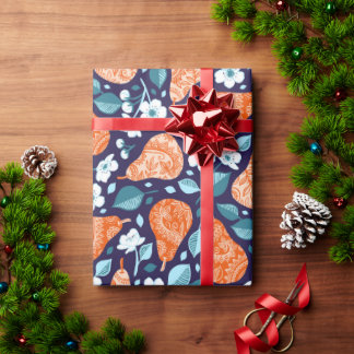 Birnen und Blüten in Orange und Blau Geschenkpapier