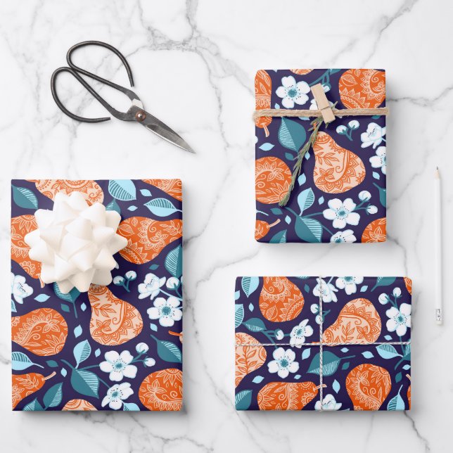 Birnen und Blüten in Orange und Blau Geschenkpapier Set (Vorderseite)