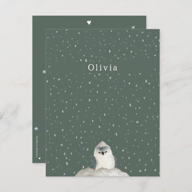 Birth Announcement Card Little Bird In The Snow Mitteilungskarte (Vorne/Hinten)