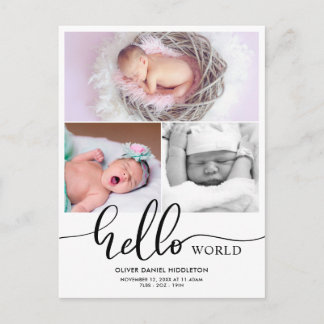 Birth Announcement Hello World Photo Collage Ankündigungspostkarte