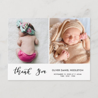 Birth Announcement Thank You Modern Script Photo Ankündigungspostkarte