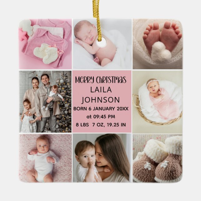  Birth Announcment Personalize 8 Photo christmas Keramikornament (Vorderseite)