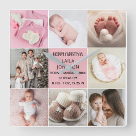  Birth Announcment Personalize 8 Photo christmas Quadratische Wanduhr